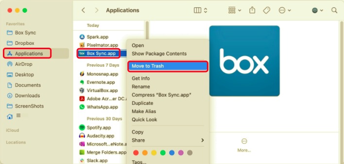 MacでBoxSyncをゴミ箱にドラッグしてアンインストールします