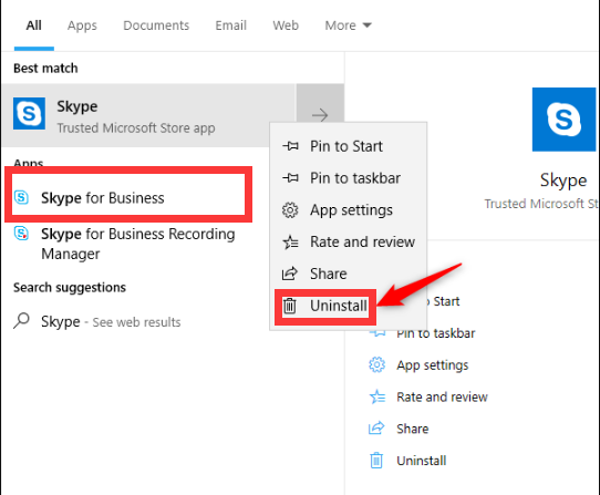 Windows 10でSkype for Businessをアンインストールする