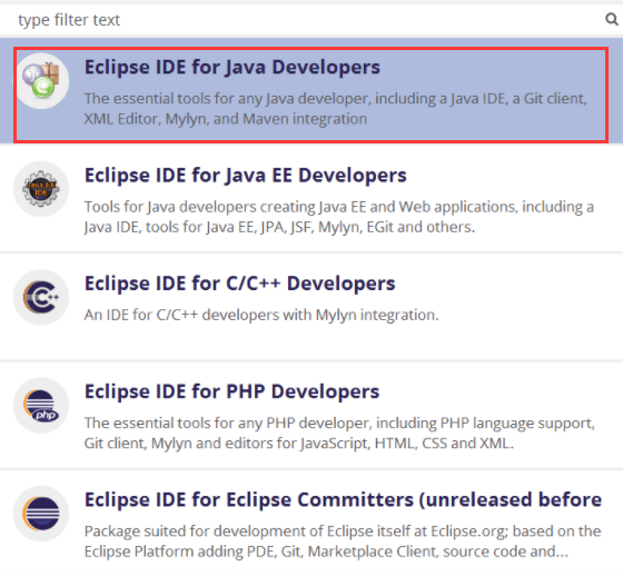 Java開発者向けのEclipse IDEをダウンロードする