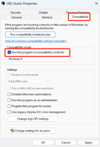 互換モードを有効にして OBS ゲーム キャプチャが機能しない問題を修正する