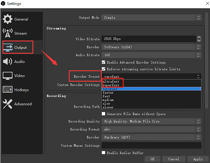 OBS エンコーディングのオーバーロードを修正するためにエンコーダープリセットを変更する