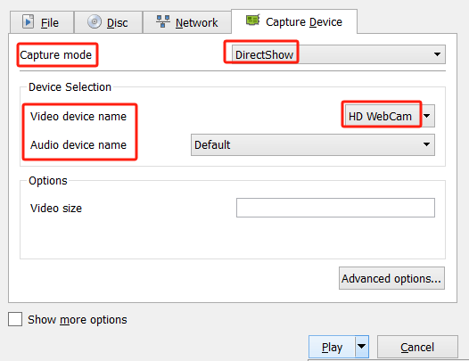 VLC を使用して Web カメラを録画する