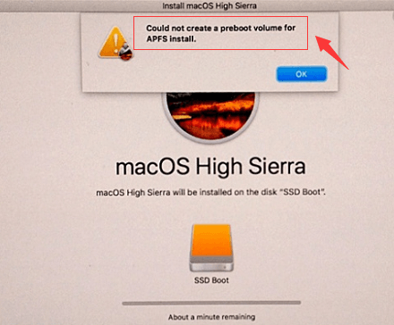 APFSインストール用のプリブートボリュームを作成できませんでした