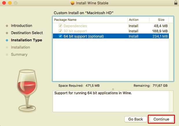 MacにWineをインストールするときに64ビットサポートをオンにする