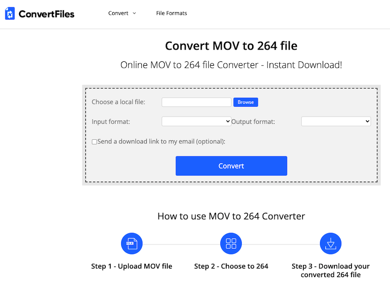 ConvertFiles.com でオンラインで MOV ファイルを H.264 に変換します