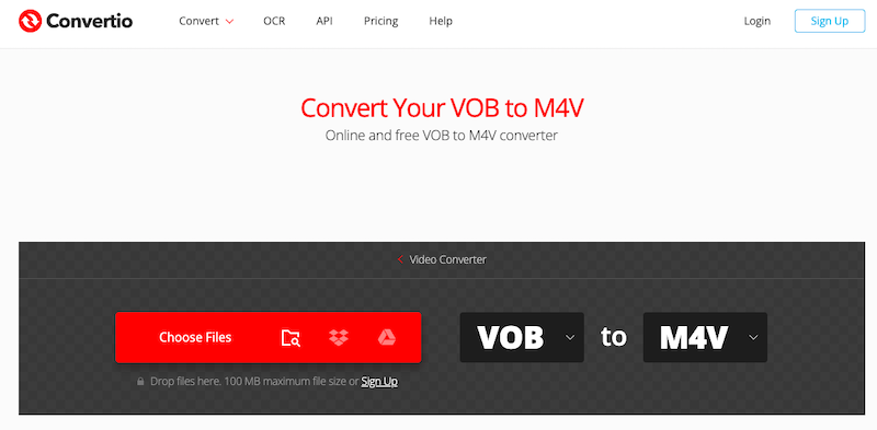 Convertio.co にアクセスして、VOB ファイルをオンラインで無料で M4V に変換します
