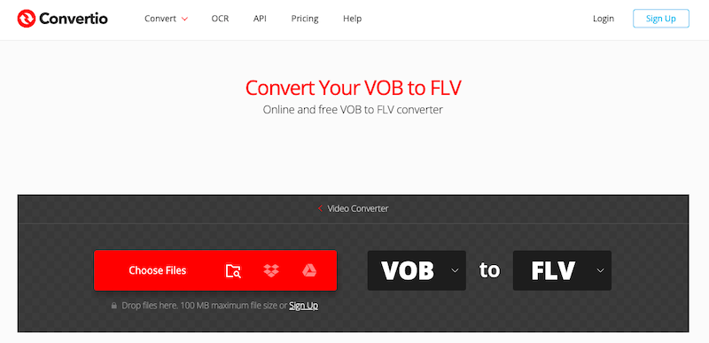 Convertio.co にアクセスして VOB を FLV に変換します
