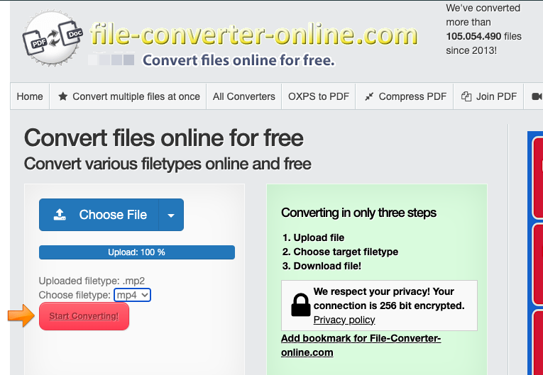 File-Converter-Online.com で MP2 を MP4 に変換