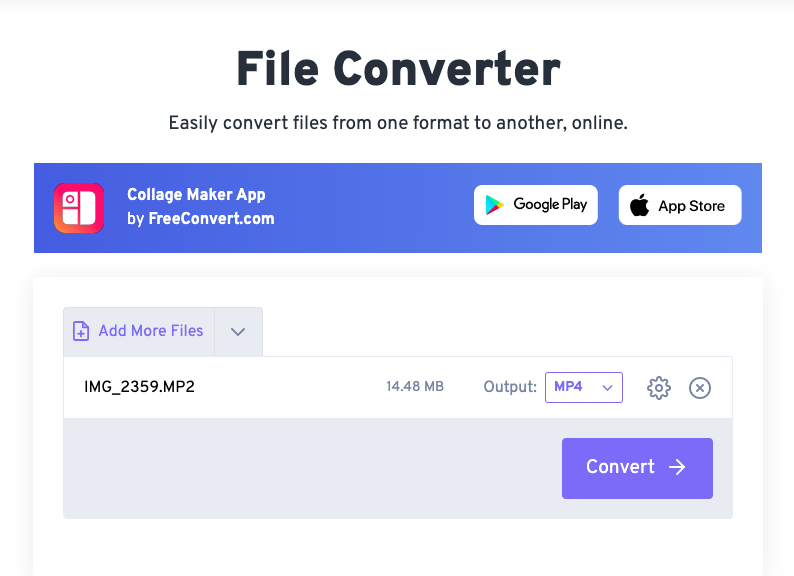 FreeConvert.com で MP2 を MP4 に変換