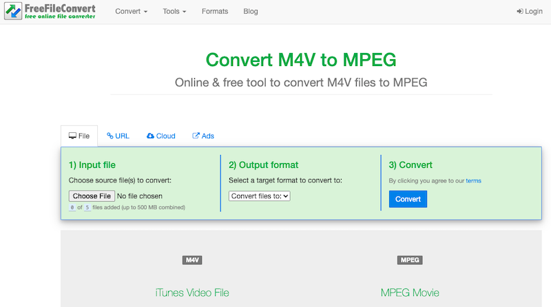 FreeFileConvert.com 経由でオンラインで M4V を MPEG に変換します