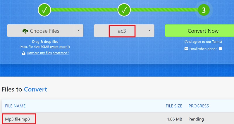 Zamzar を使用して MP3 を AC3 に変換する手順