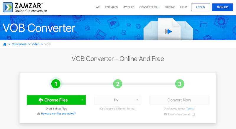 Zamzar.com でオンラインで VOB を FLV に無料で変換